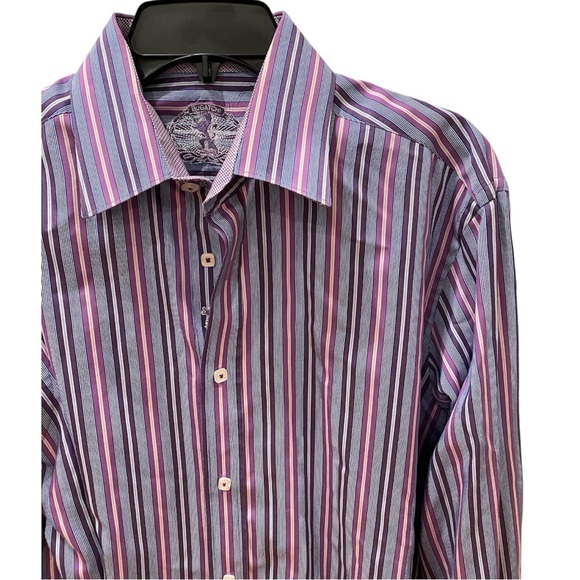 Bugatchi Striped Button Down Shirt Flip Cuff Purple Blue Pink White L - Picture 1 of 8